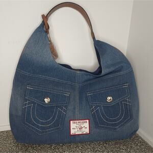 True Religion Denim Hobo Bag with Brown Accents purse NEW